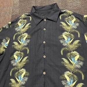 Tommy Bahama 100% Silk Shirt Black Floral Palm Mens XL Short Sleeve Button Beach